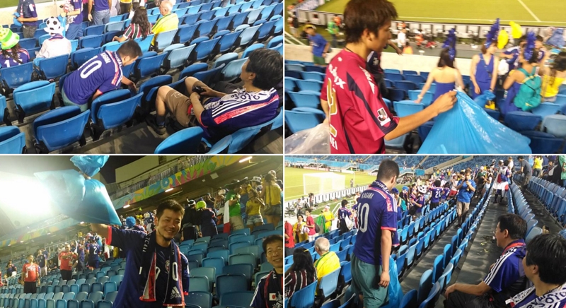 torcida japao copa limpando estadio brasil